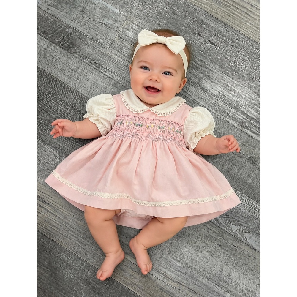 Vintage Style Pink‎ Smocked Baby Girl Dress Peter Pan Collar Lace Trim Infant